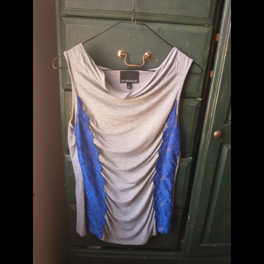 HEAT WAVE SALE! CYNTHIA ROWLEY Grey and Blue Sleeveless Cowl Neck Top, sz M.